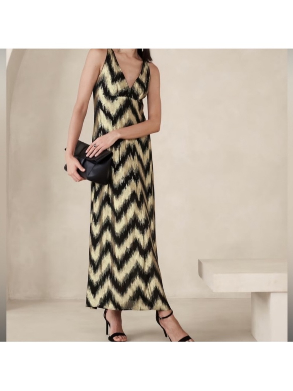 Banana Republic Lurex Chevron Zigzag V-Neck Maxi Dress in Gold and Black